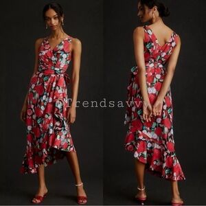 ANTHROPOLOGIE Hutch Floral Asymmetrical Ruffles Wrap V-neck Midi Dress Red L NWT